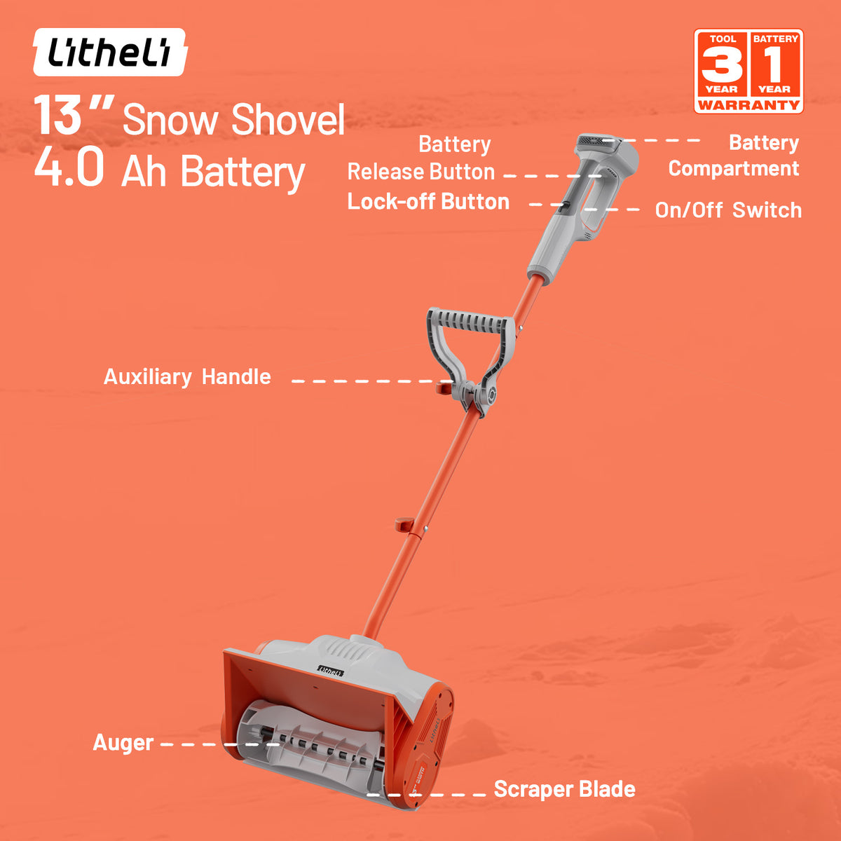 U20 20V 13" Brushed Cordless Snow Shovel | Includes 1x4.0Ah Battery | 9 lbs, 35min Runtime
