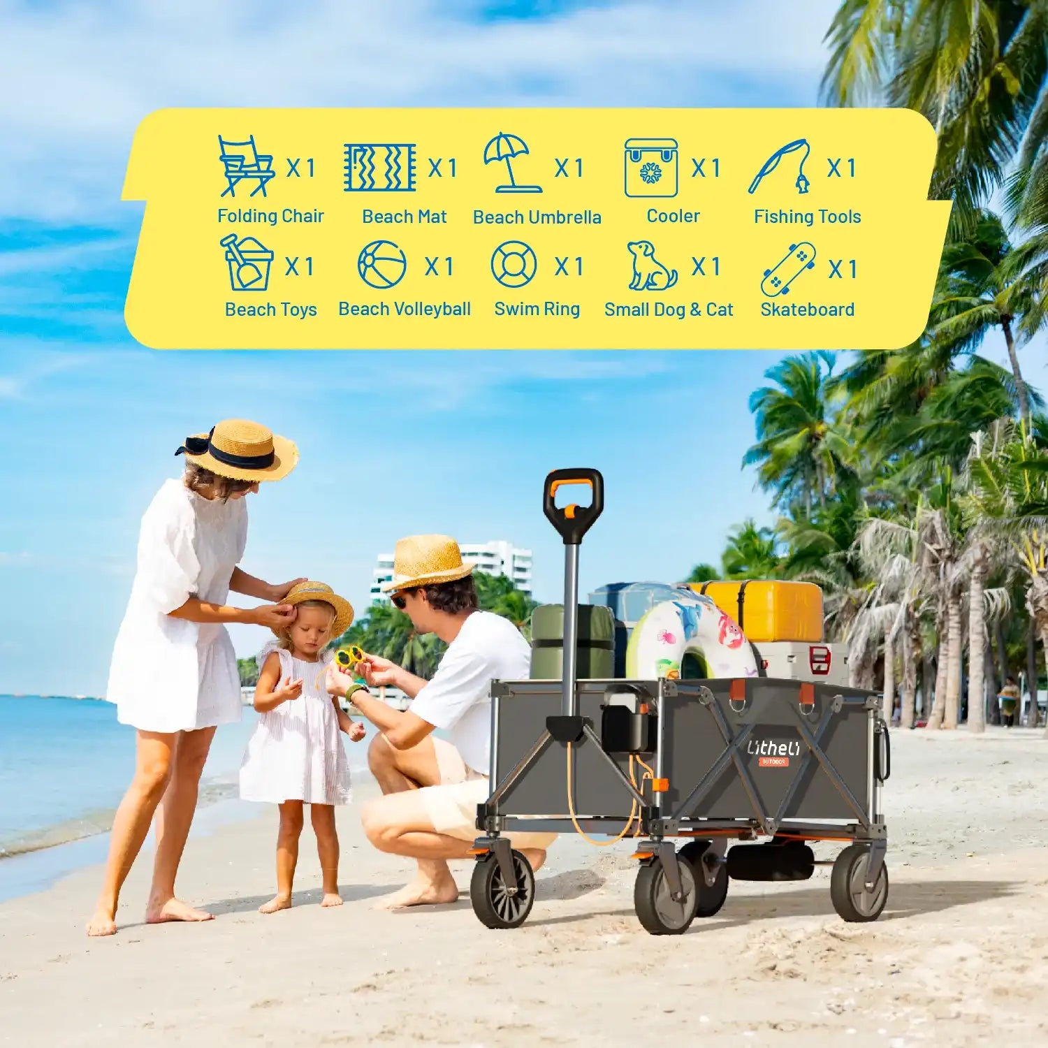 All terrain electric wagon with oversized SUV style wheels for gravel, sand, and trails