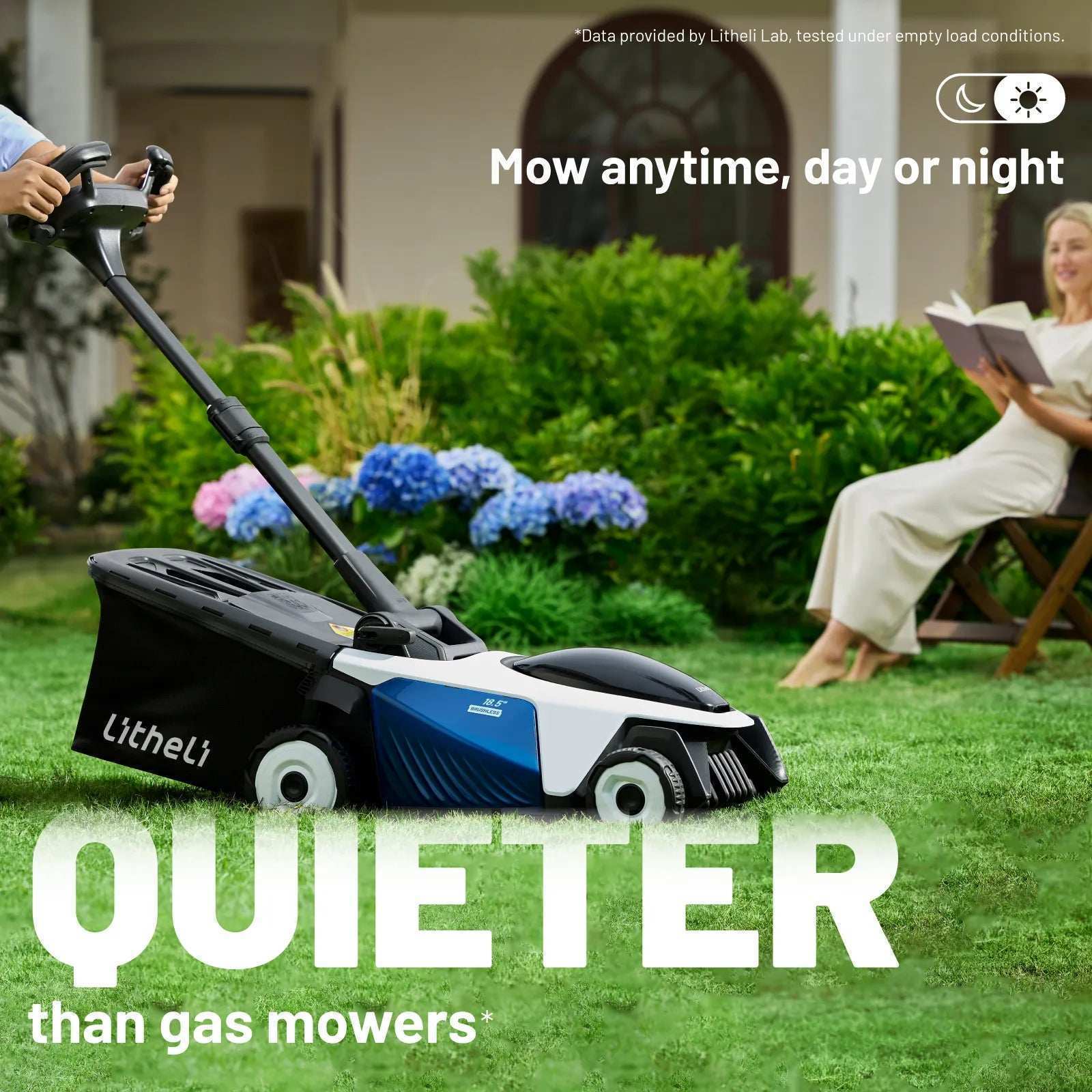 Homeowner mowing a medium-sized yard with Litheli EASYSURGE