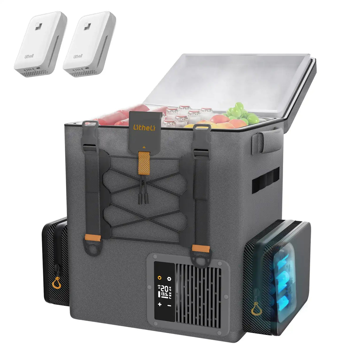 Backpack car fridge with swappable U20 lithium battery providing up to 6 hours runtime