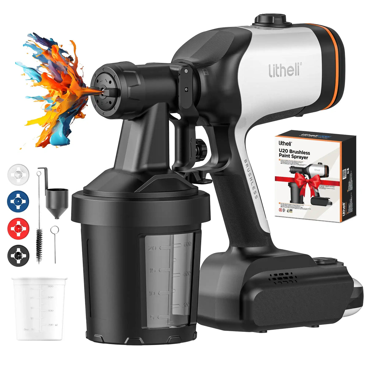 Litheli 20V HVLP Paint Sprayer with Brushless Motor,Cordless Paint Gun with 4.0 Ah Battery & 4 Nozzles & 800ml Container for Home Interior Exterior Car, Deck, Fence, Furniture