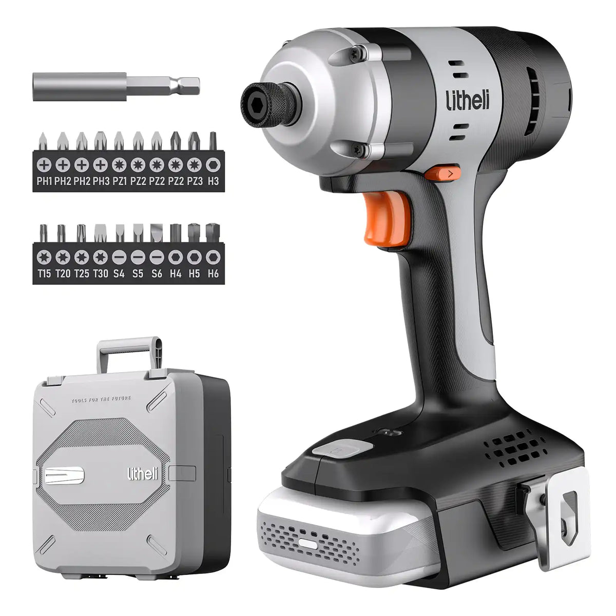 Litheli 20V Cordless Impact Driver, 1/4" Hex, 180N·m Torque, 2.0Ah Battery, 20 Bits, Tool Bag.