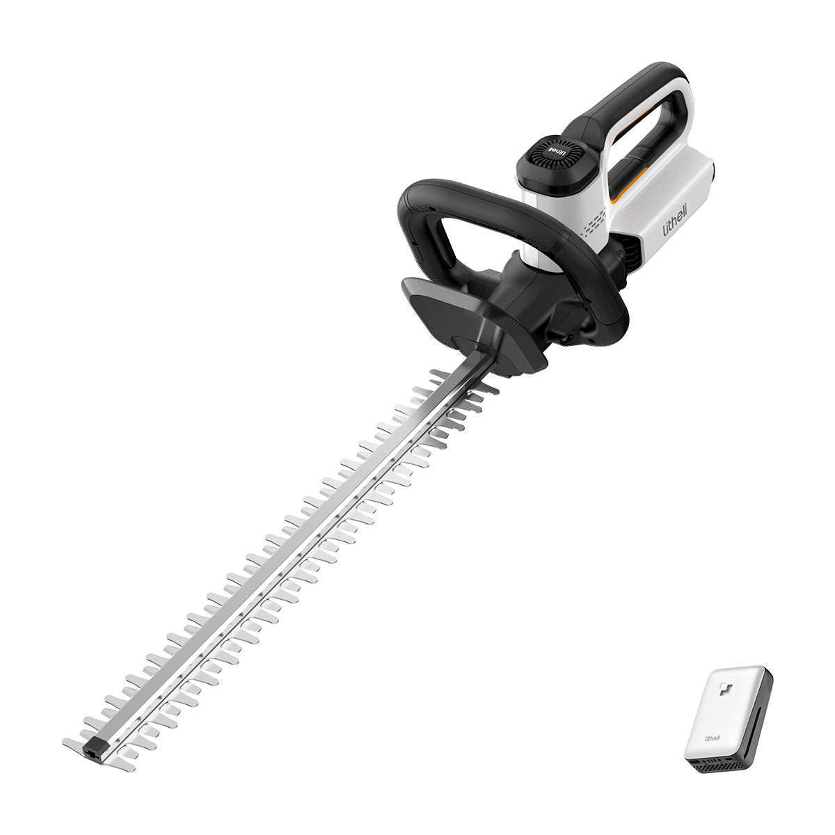 Litheli 20V cordless hedge trimmer with 20-inch dual-action blade, ready for trimming shrubs and bushes