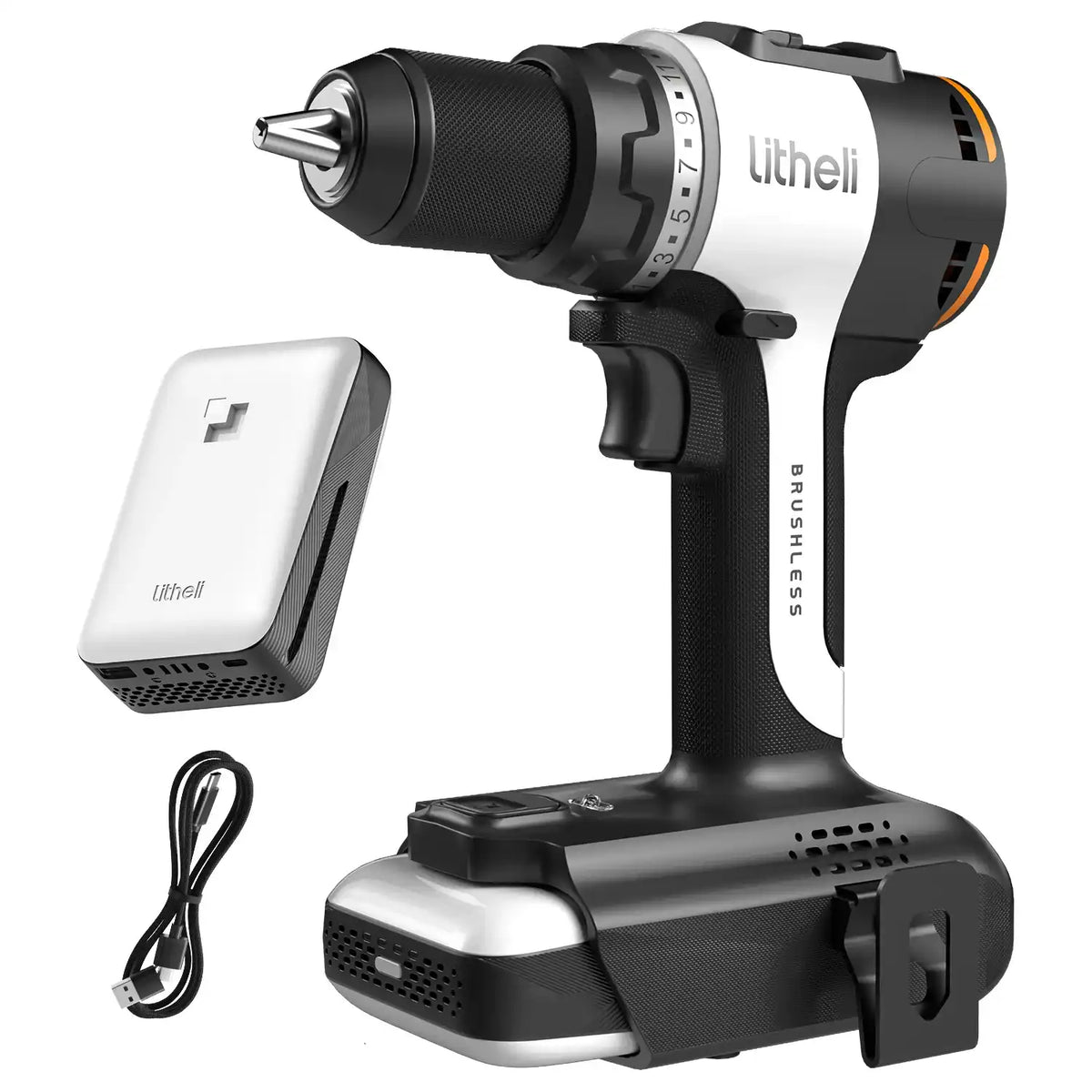 Litheli 20V Cordless 1/2" Drill, 60 N·m Torque, Brushless Motor, 2.0Ah Battery.