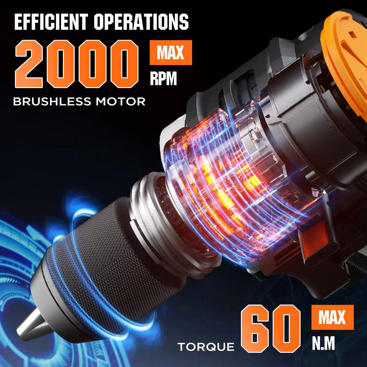 Litheli 20V Cordless 1/2" Drill, 60 N·m Torque, Brushless Motor, 2.0Ah Battery.