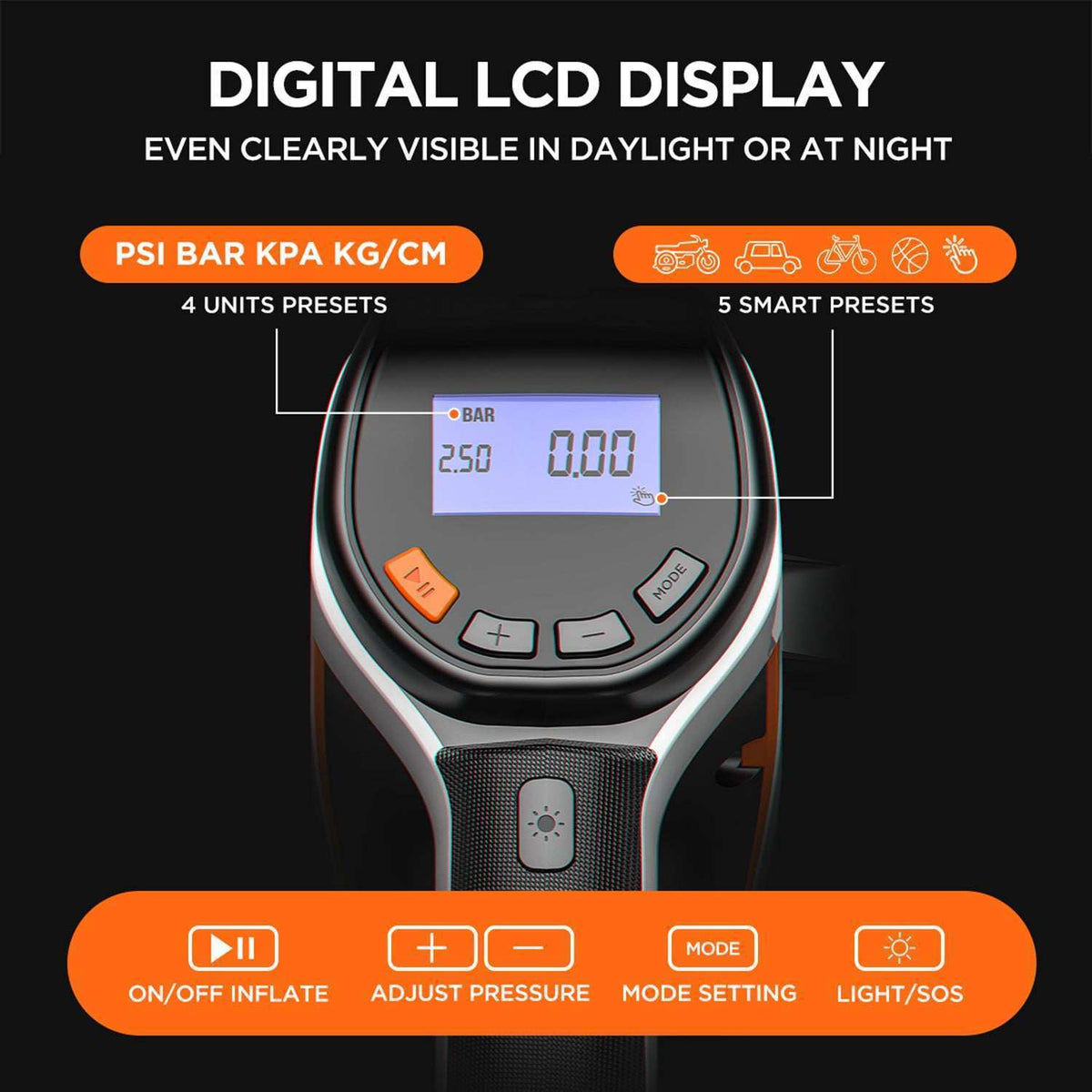 Auto-stop tire inflator cordless, set target PSI and automatic shut-off prevents overinflation