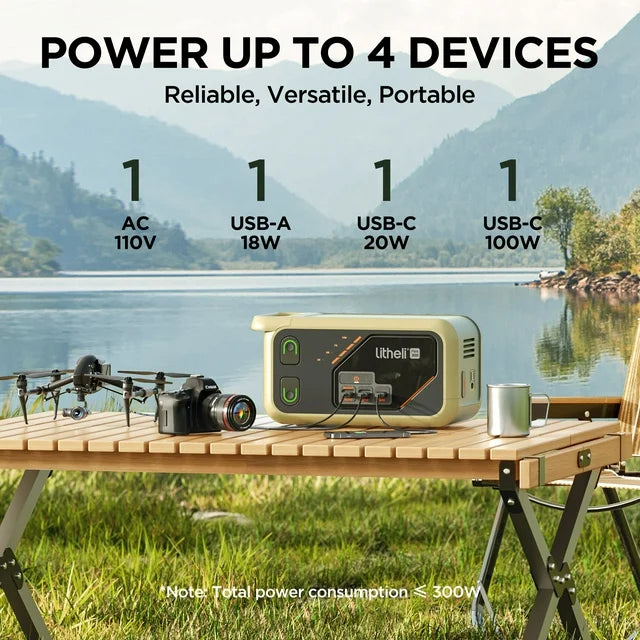 Litheli Portable Power Station B300SE Solar Generator, 288Wh Backup Lithium Battery, 300W Pure Sine Wave AC Outlets with 100W PD Fast Charging