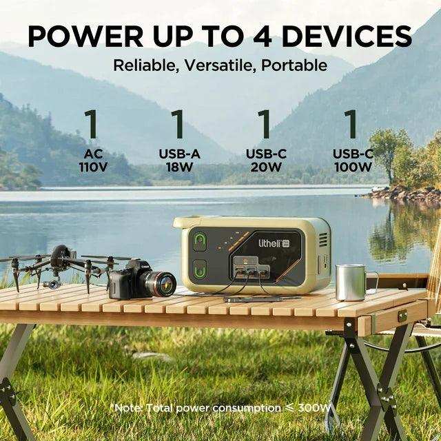 Portable power station powering a laptop, phone, and tablet simultaneously during camping trip