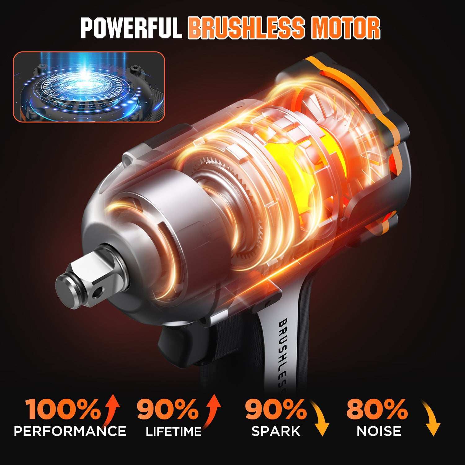 Rear vent slots on brushless impact wrench designed for efficient cooling and longer tool life