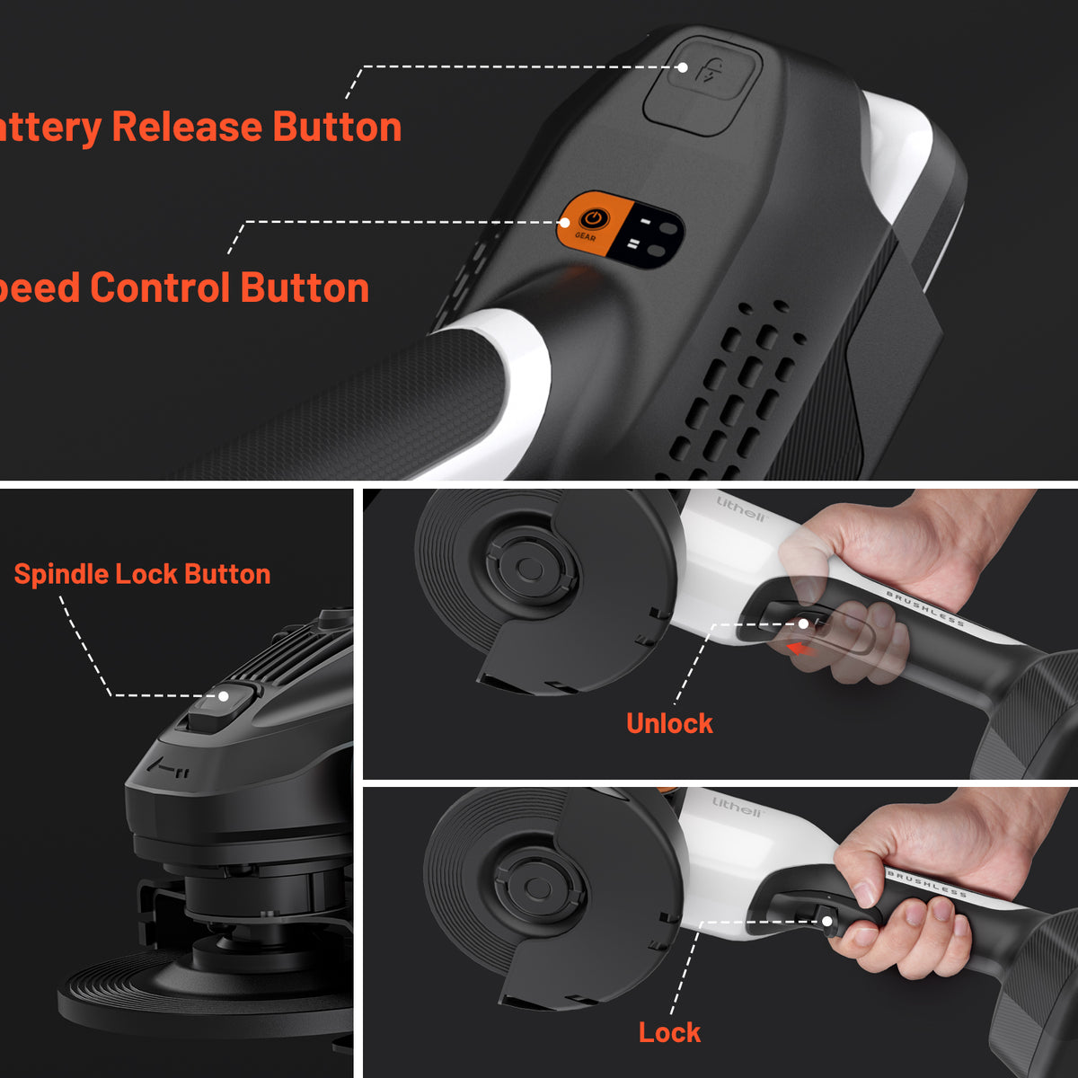 Litheli 20V Cordless Angle Grinder, 4.9", 8500RPM Brushless Motor, 4.0Ah Battery.