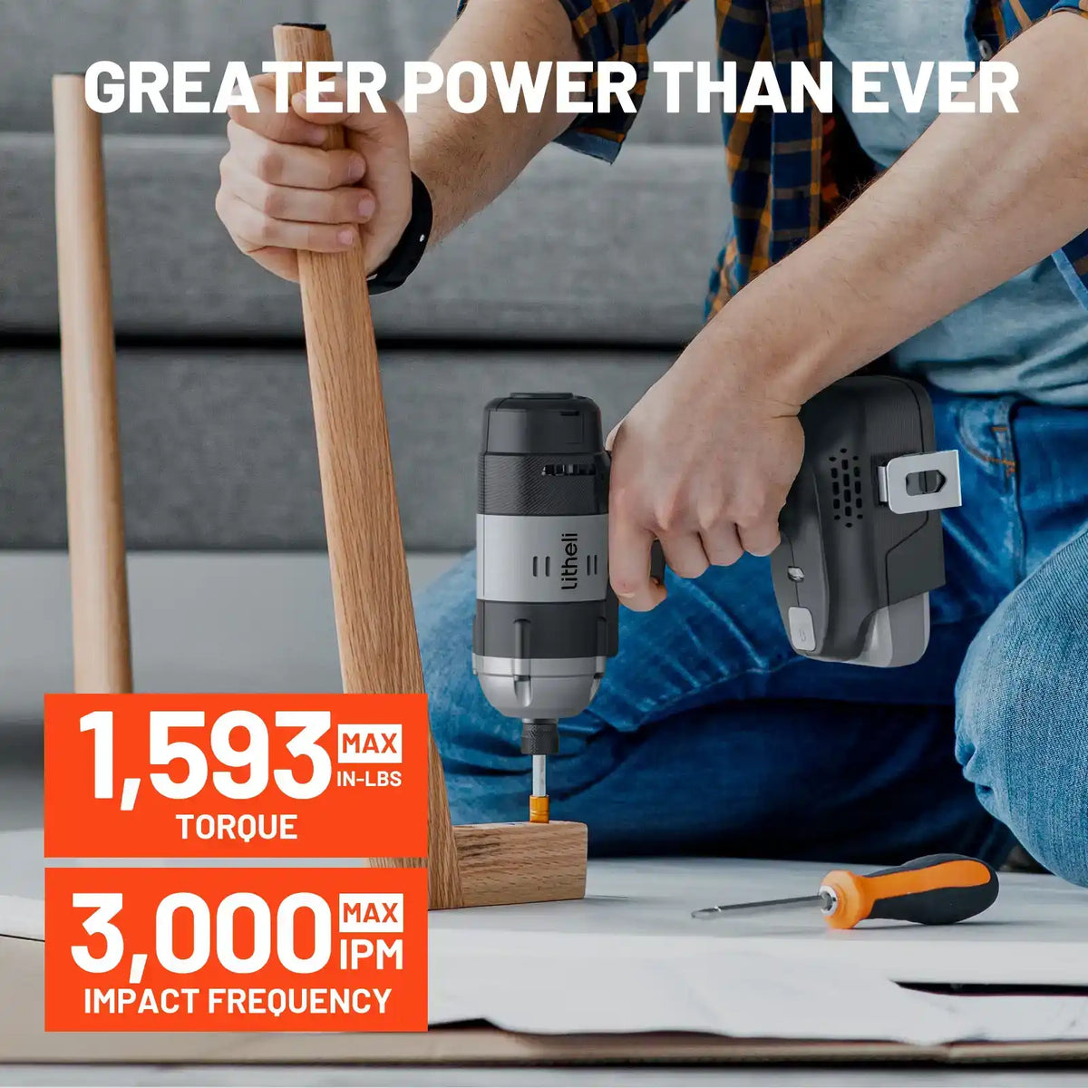 Cordless impact driver delivering 1593 in-lbs torque and 3000 ipm impact frequency – efficient drilling power