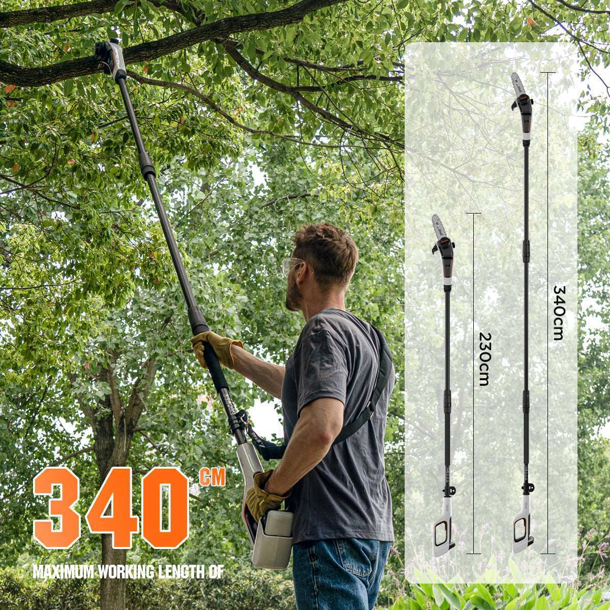Adjustable telescopic pole reaching up to 11.5 feet for safe and easy branch trimming