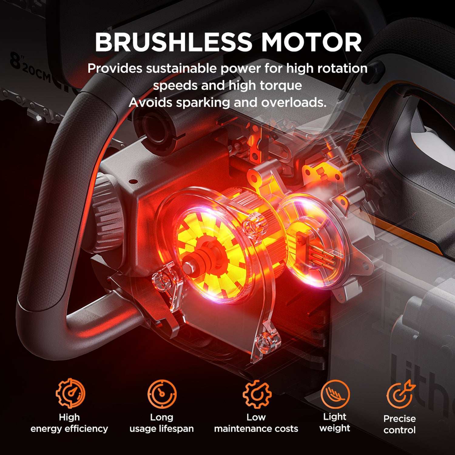Brushless motor chainsaw offering longer runtime, higher efficiency, and lower maintenance costs