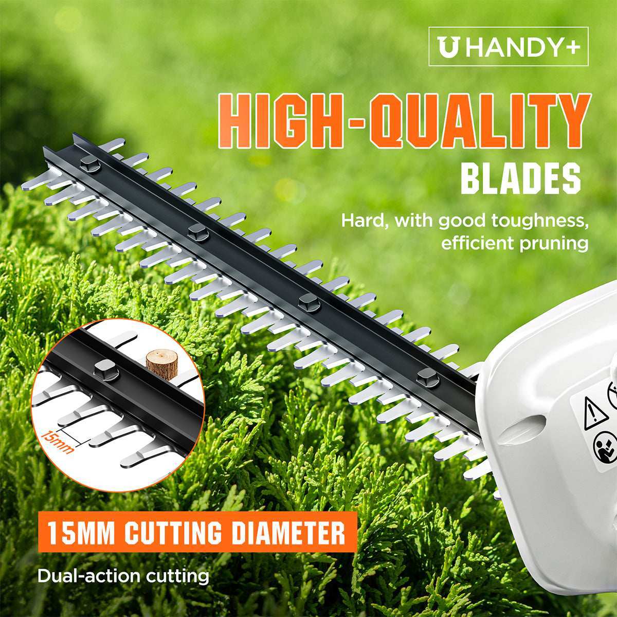 Trimming thick branches effortlessly with powerful Litheli Handy+ cordless hedge trimmer