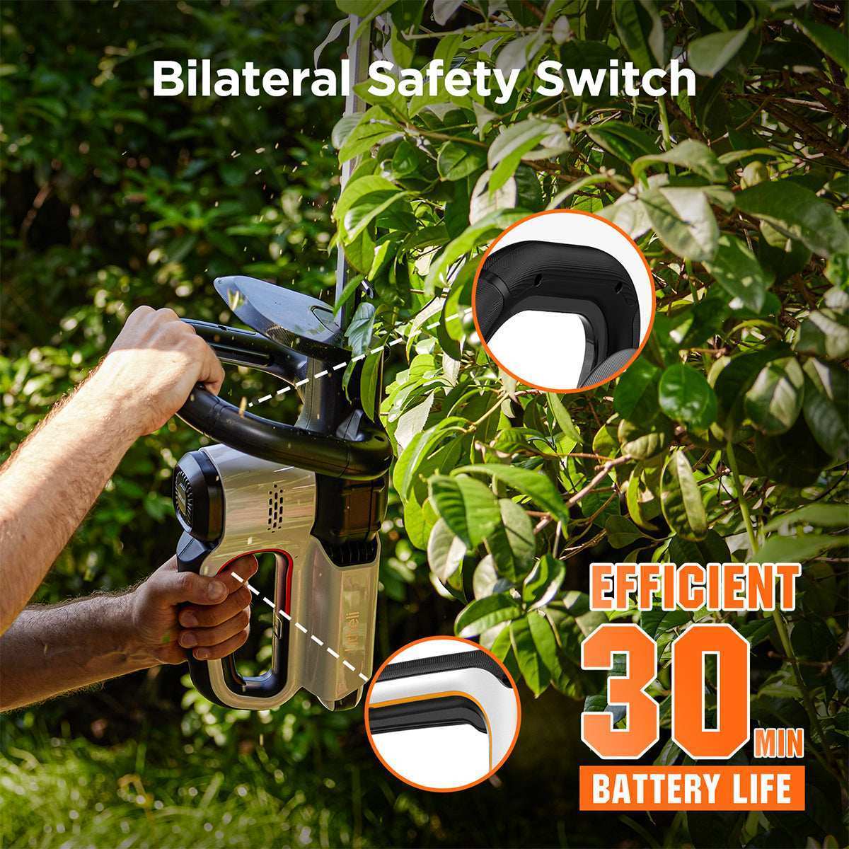 Dual switch control providing safe start for cordless hedge trimmer