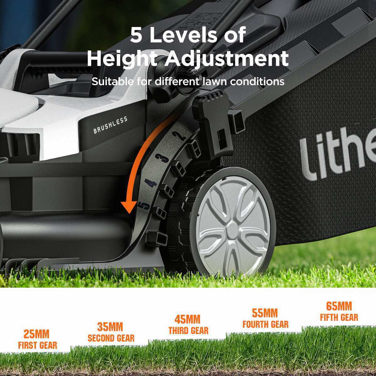 Foldable handle design saves space for storage of cordless brushless lawn mower