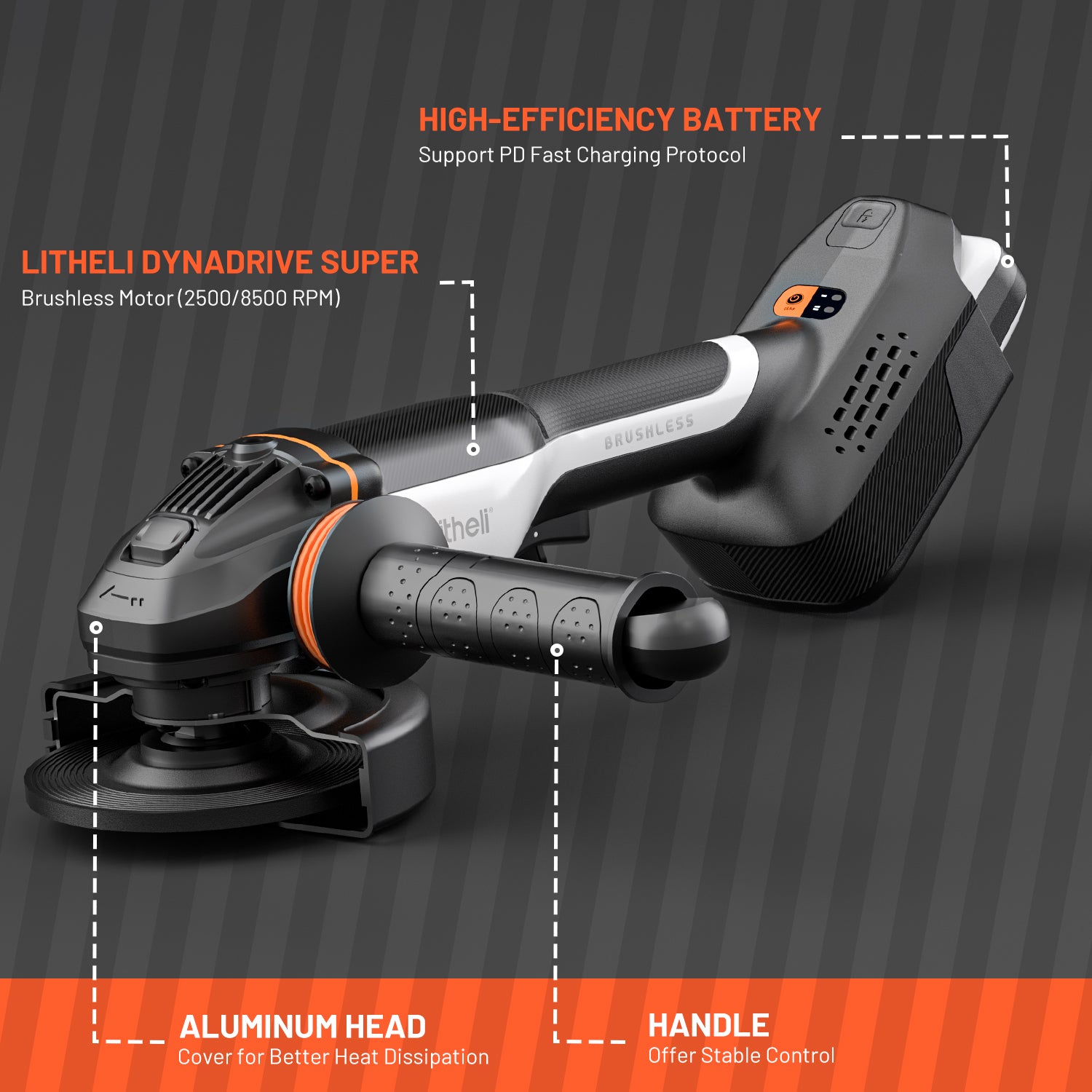 Litheli 20V Cordless Angle Grinder, 4.9″ Grinders Power Tools, Battery Cut-Off Tool, with 8500RPM Brushless Motor and 4.0 Ah Battery
