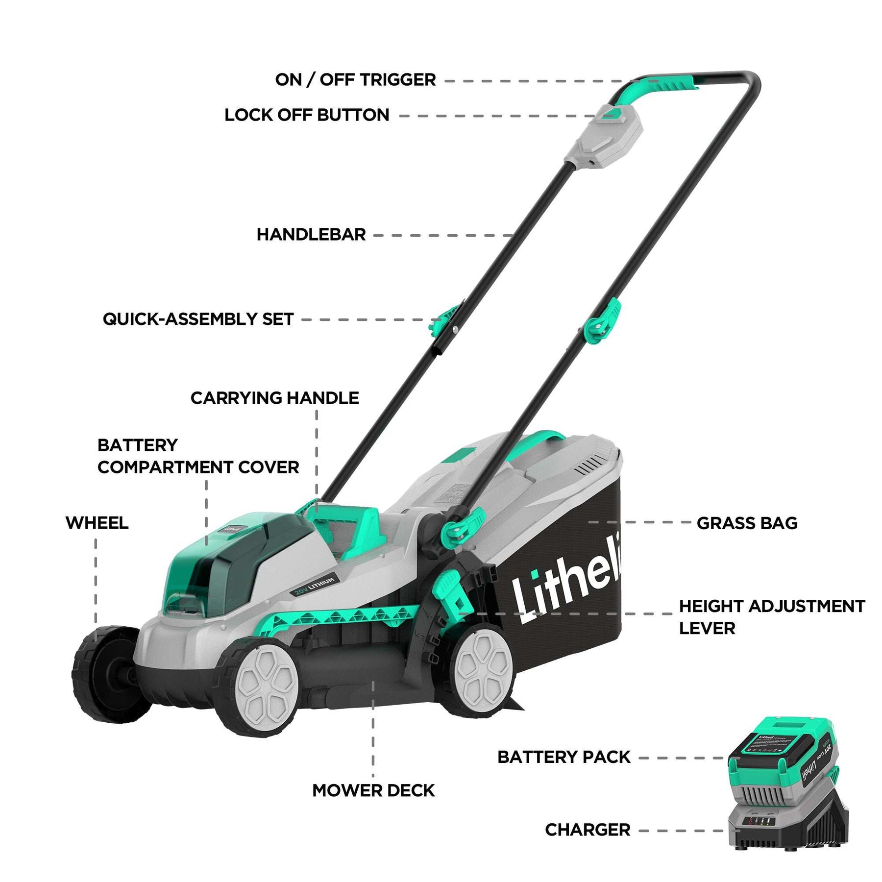 Litheli 20V 13" Cordless Lawn Mower 16.34 in with Brushless Motor + 4.0Ah Battery & Charger 27.3 lb, Manpower driven