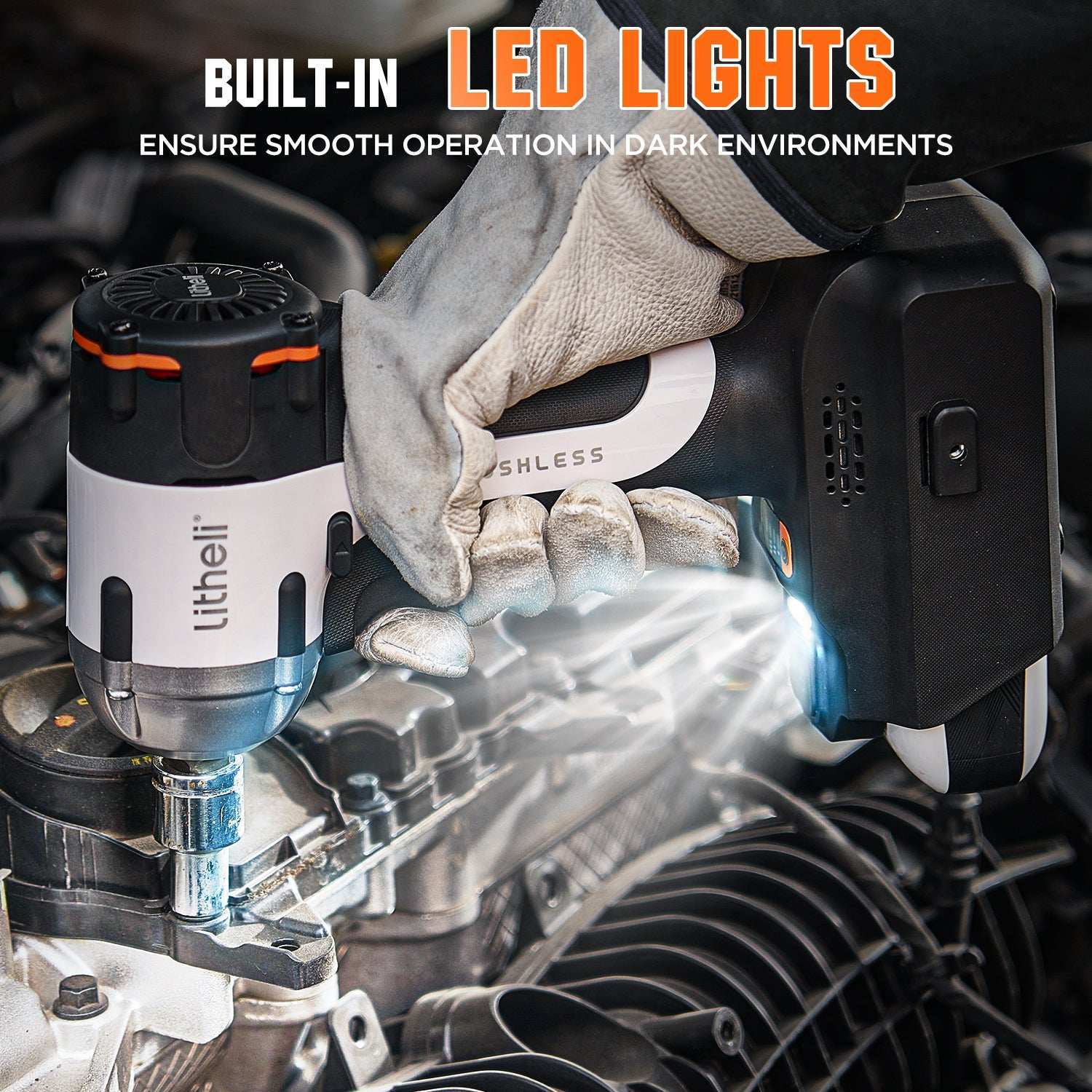 Built-in LED work light on Litheli U20 cordless impact wrench for improved visibility in dark work areas