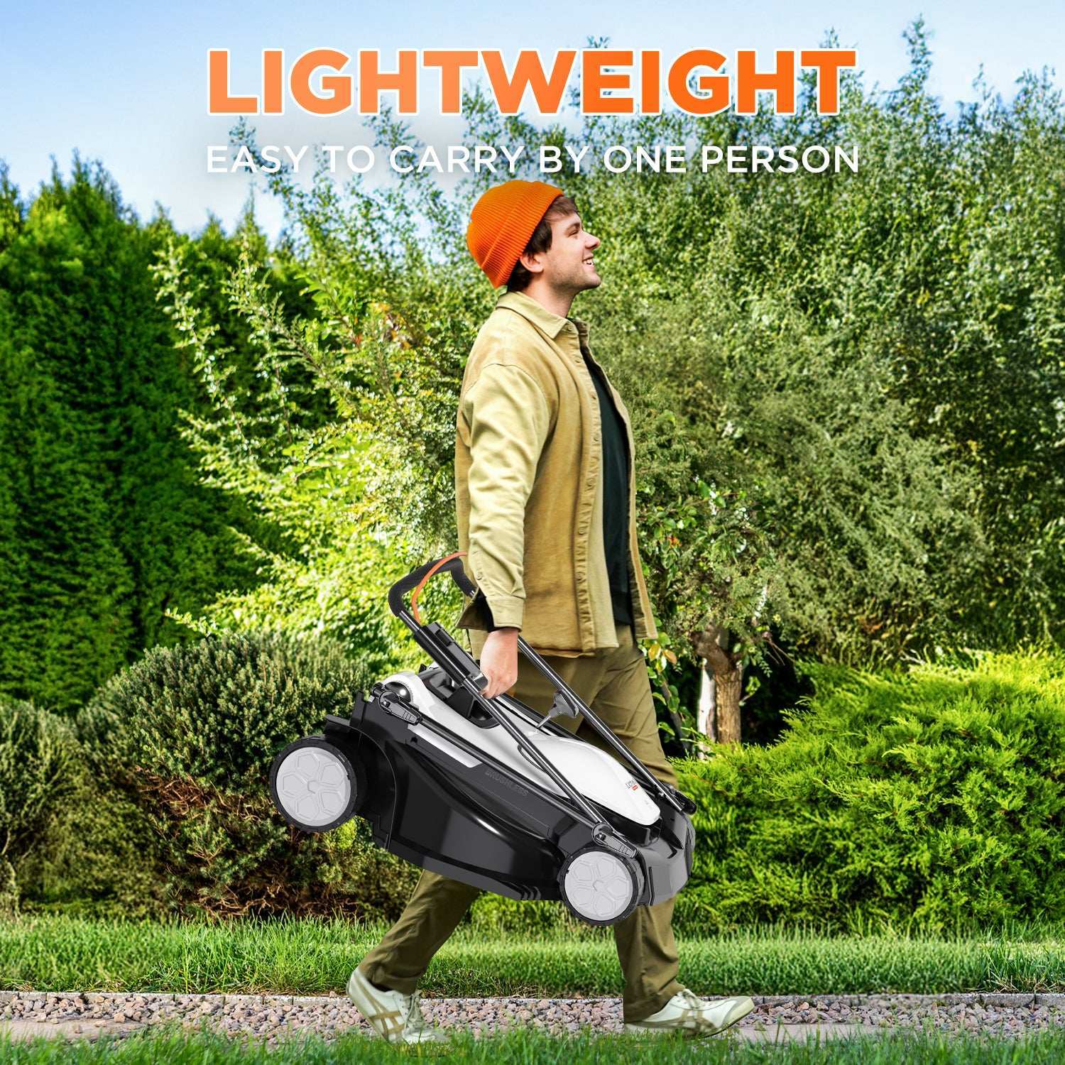 Self-propelled cordless mower with adjustable speeds from 1.3 to 2.9 MPH