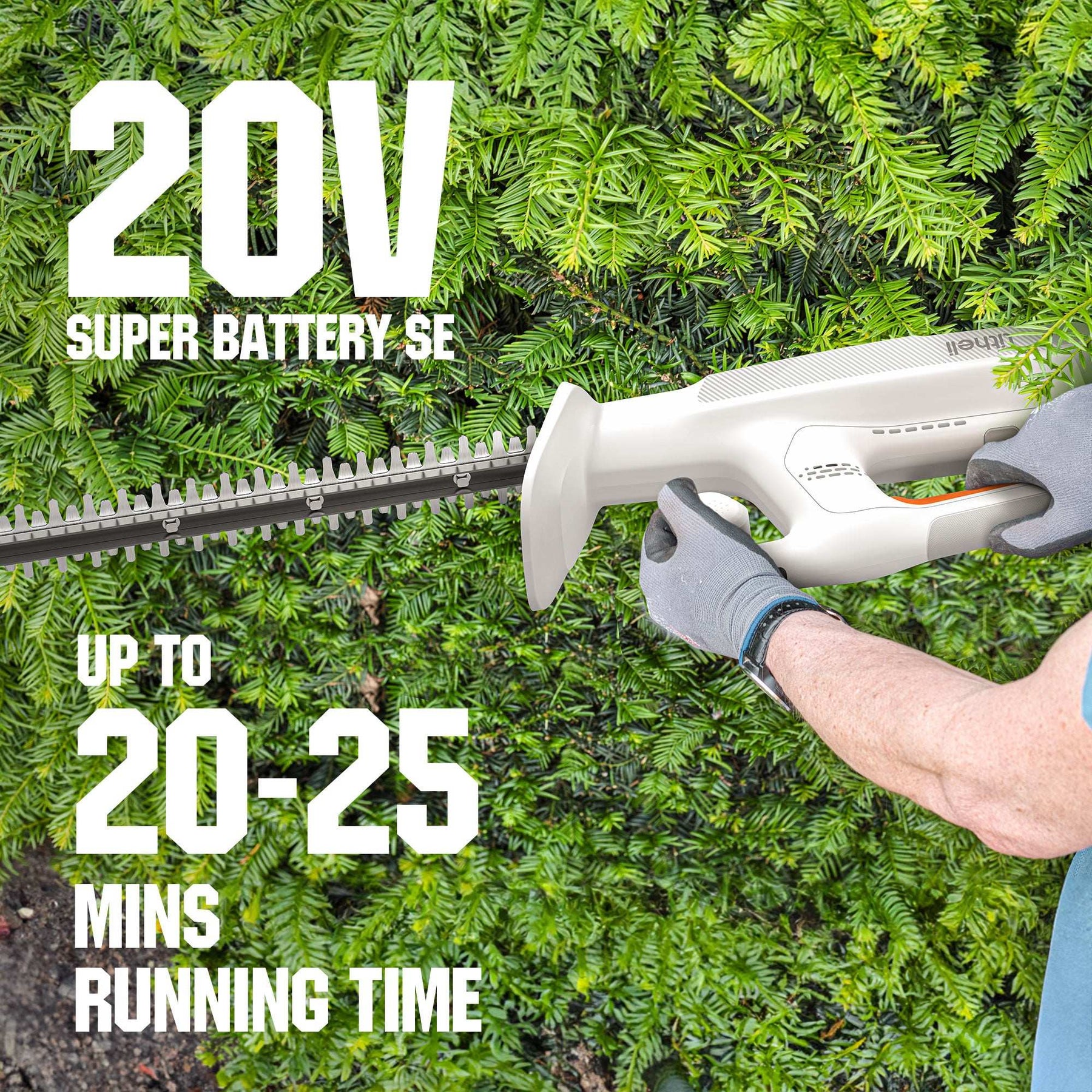 Battery powered hedge trimmer with 2.5Ah portable battery for cordless operation