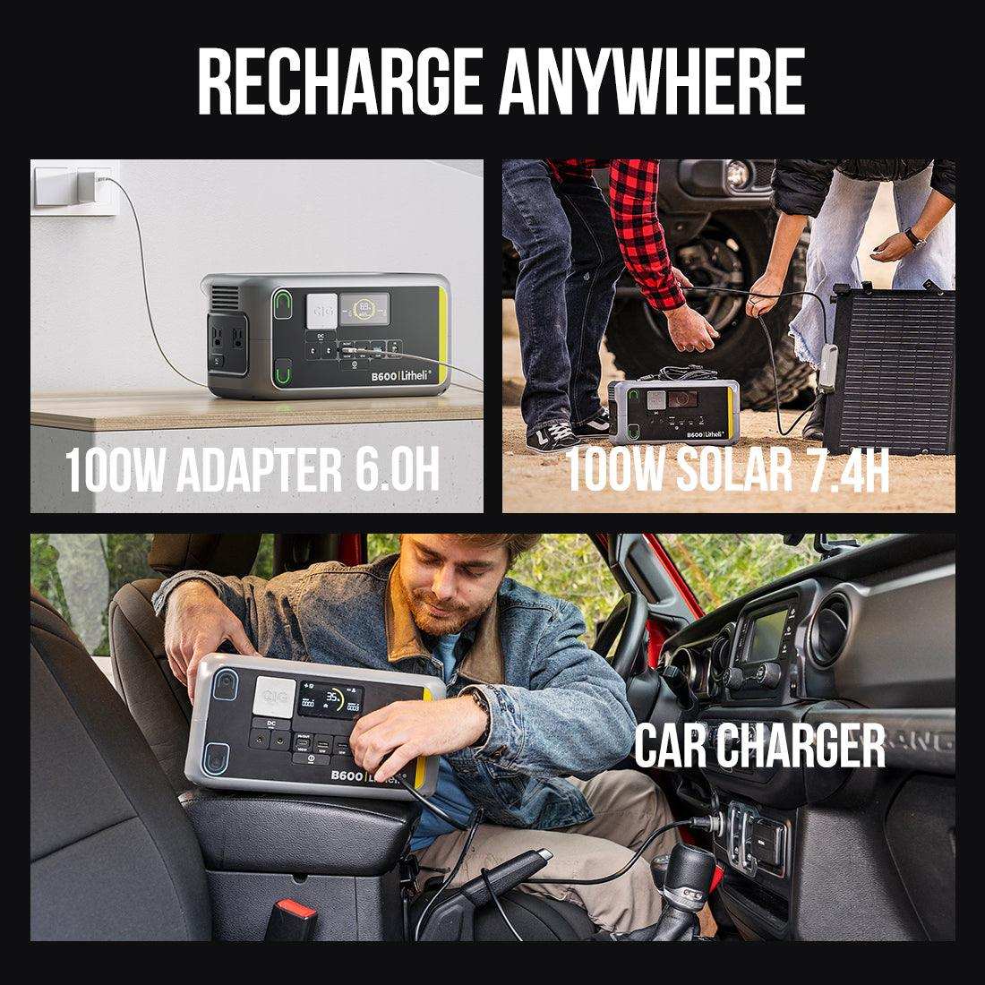 Portable battery station with LCD display showing real-time data of charge, output, and battery level