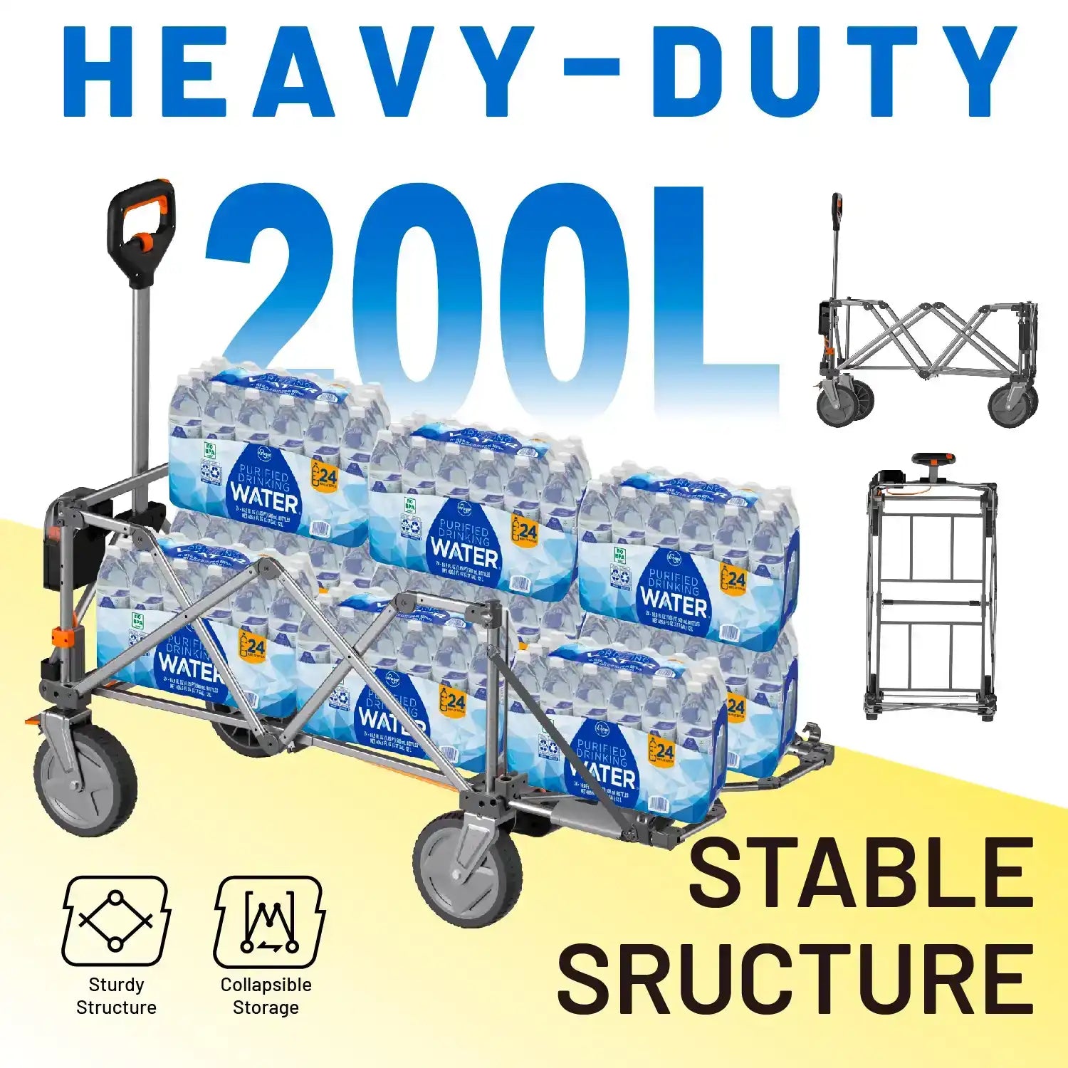 Electric folding wagon transporting beach cooler and umbrellas under sunlight