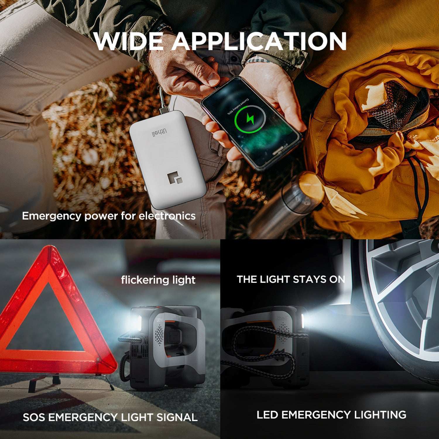 Cordless inflator with built-in LED worklight for night use and emergency situations
