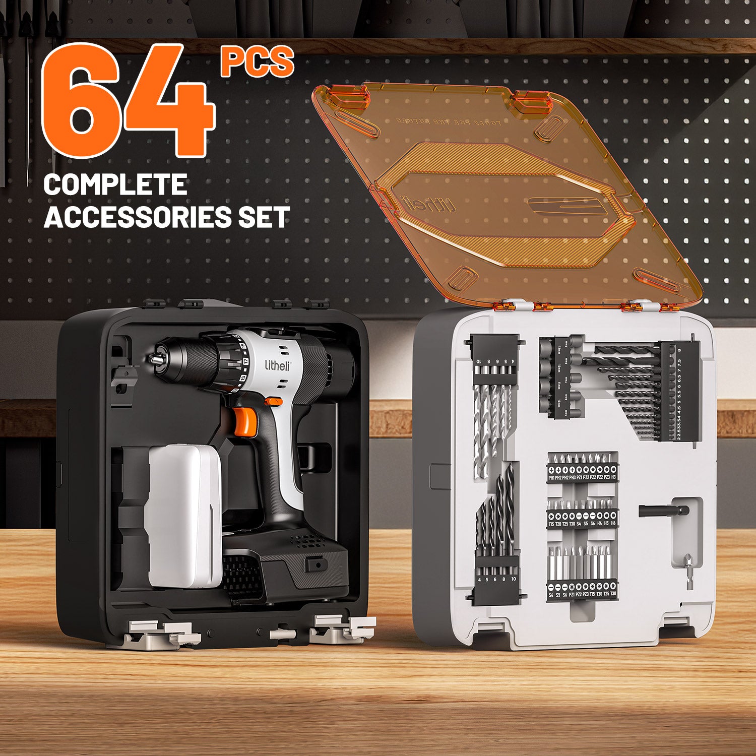 Litheli 20V Cordless 1/2" Drill Driver Kit includes an Electric Power Drill with 443 in·lbs High Torque, a 2.0Ah Battery, 54PC Driver Bits, 9PC Nut Drivers, and Tool Bag