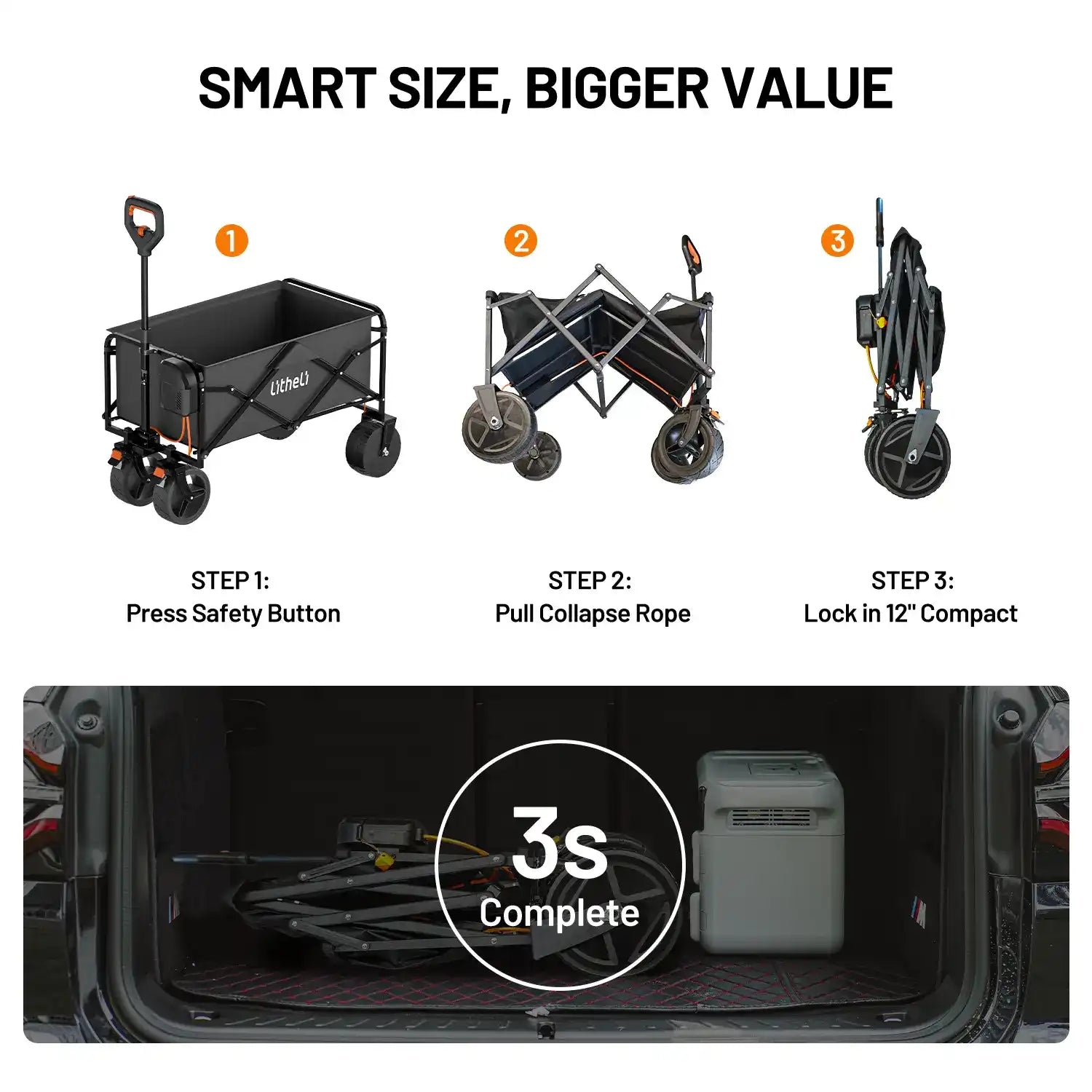 Quick-fold triangular frame collapses in seconds with one-pull rope, fitting into car trunks easily