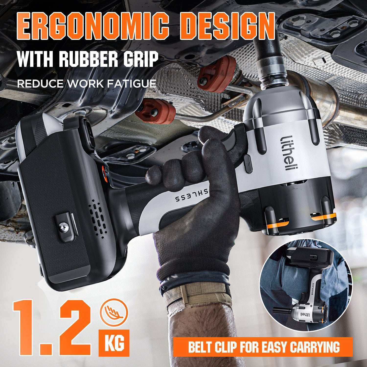 Lightweight 20V cordless wrench with ergonomic grip and belt clip for easy portability on job sites