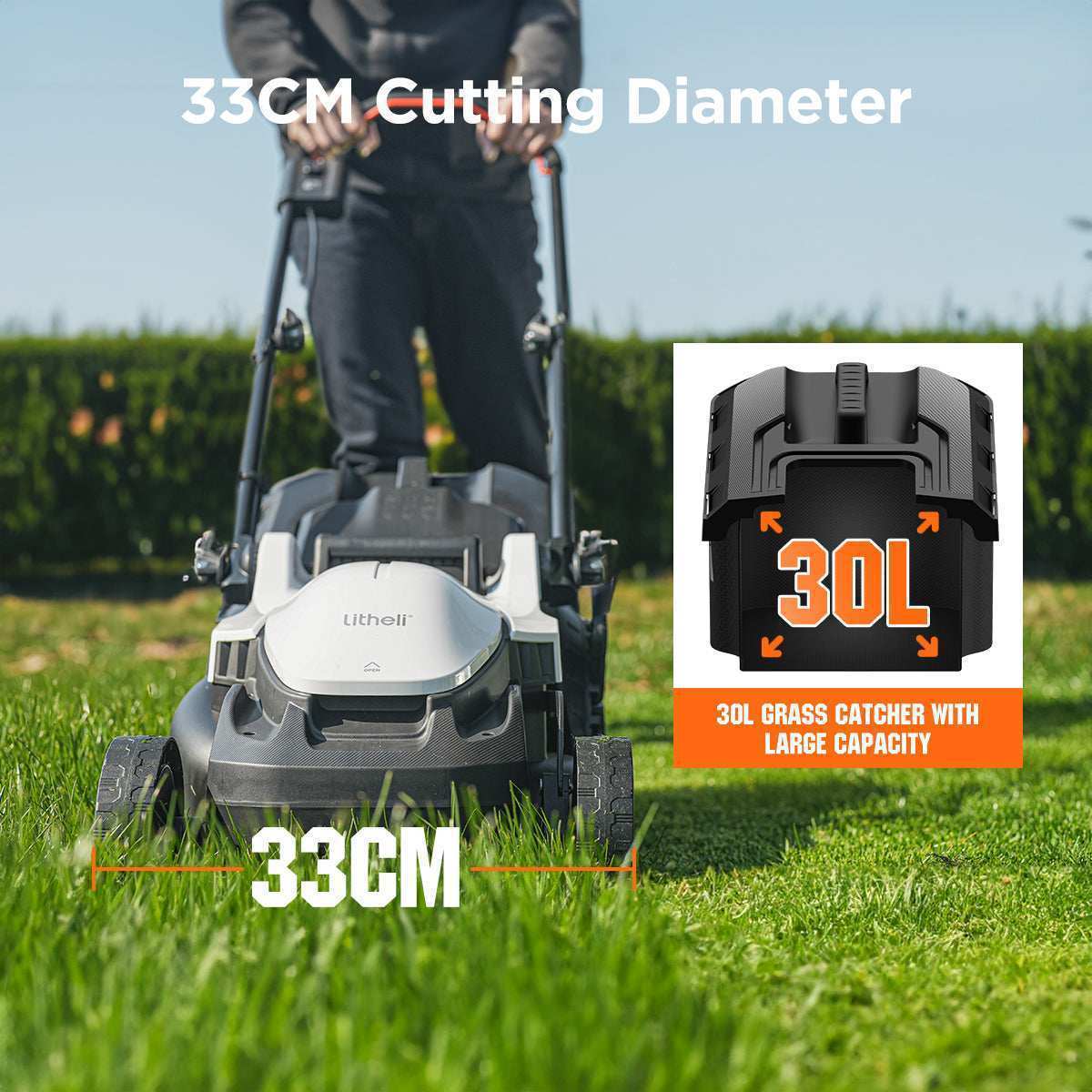 30L grass bag attached to Litheli cordless lawn mower for convenient clippings disposal