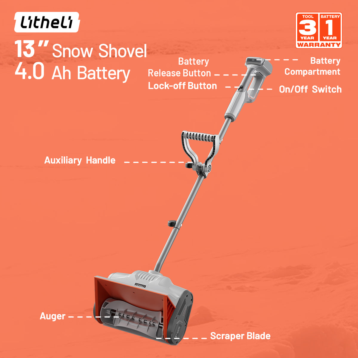 U20 20V 13" Brushless Cordless Snow Shovel | Includes 1×4.0Ah Battery | 10.3lbs, 20ft Snow Throw, Clears up to 4-car Driveways