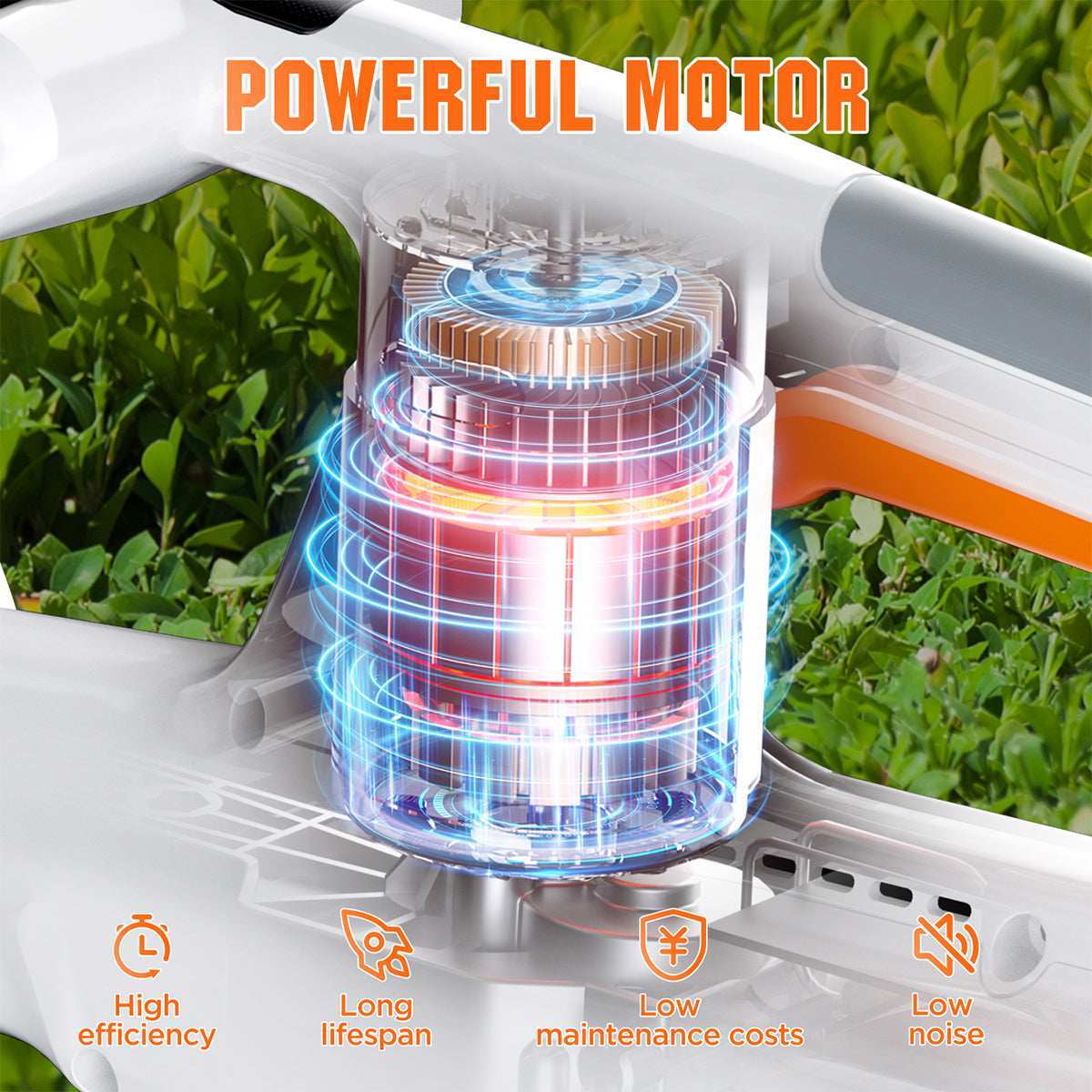 Dual safety switches on Handy+ cordless hedge trimmer, preventing accidental activation