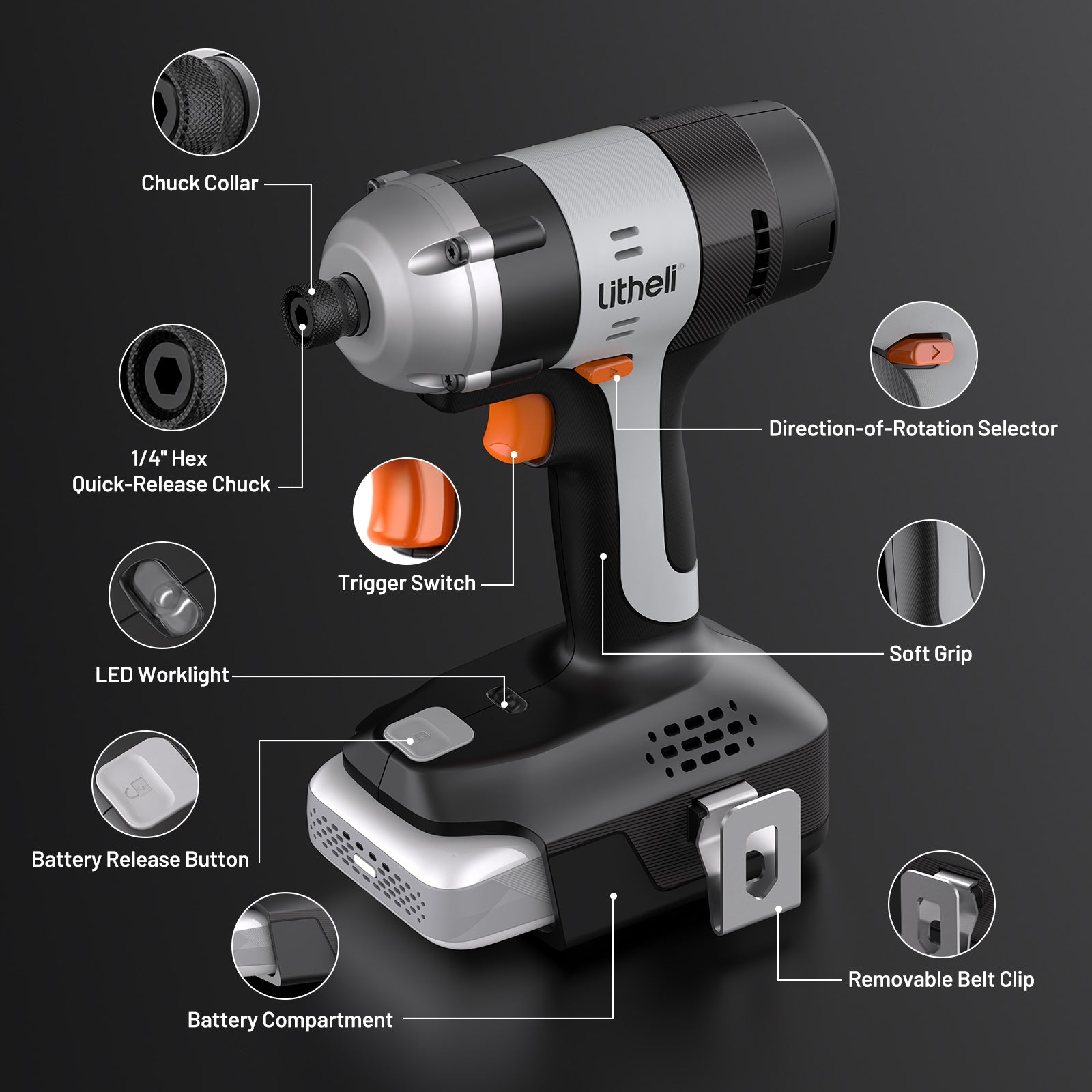 Litheli 20V Cordless Impact Driver with 180N.m High Torque, 1/4" Hex Chuck, and 2.0Ah Battery for Home and Car DIY Projects