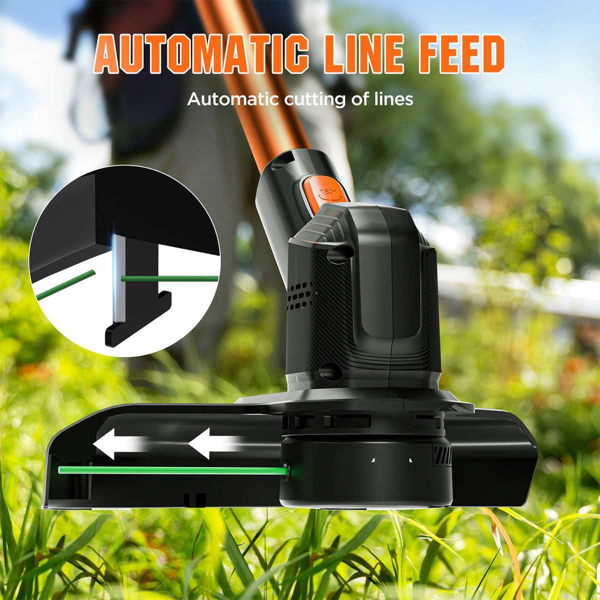 Cordless string trimmer with double safety lock and protective guard for safe grass cutting and edge trimming