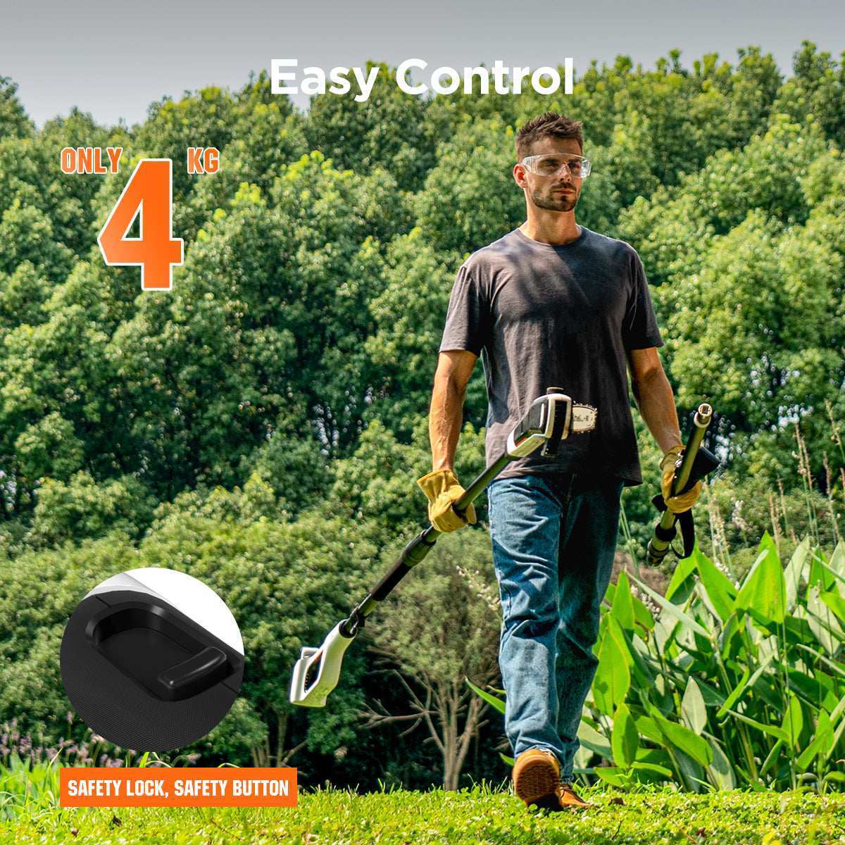 Cordless pole saw with up to 50 cuts per charge, ideal for yard pruning and tree maintenance