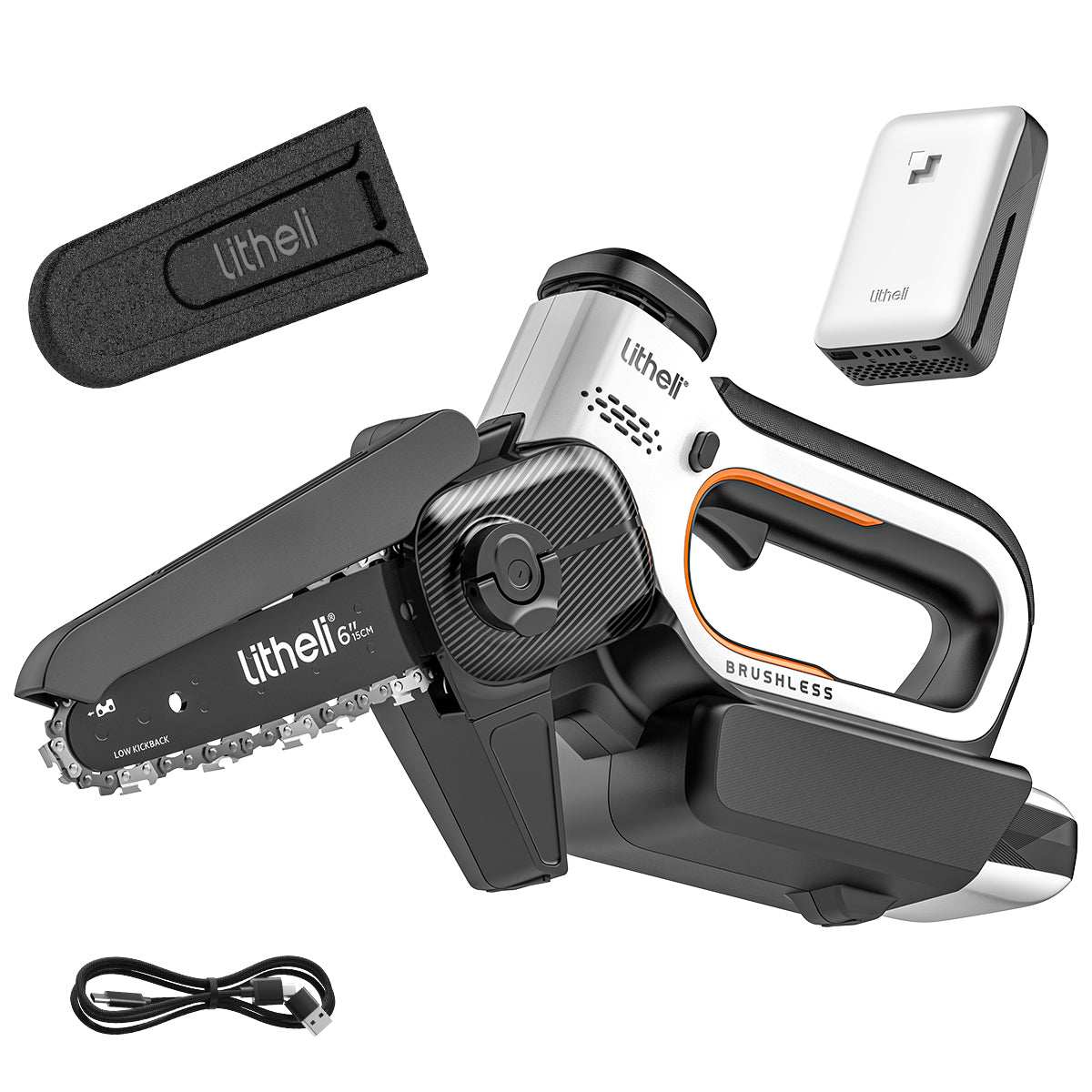 Litheli U20 20V Brushless Mini Chainsaw with 6-inch bar and 2.0Ah battery, lightweight cordless electric chain saw for homeowners and DIY yard work