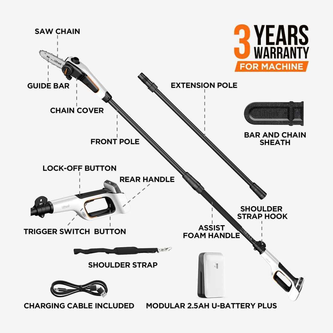 Blade sheath and shoulder strap included for added safety and user comfort