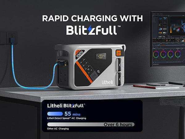 Fast charging portable power station recharges in under 1 hour with AC wall input