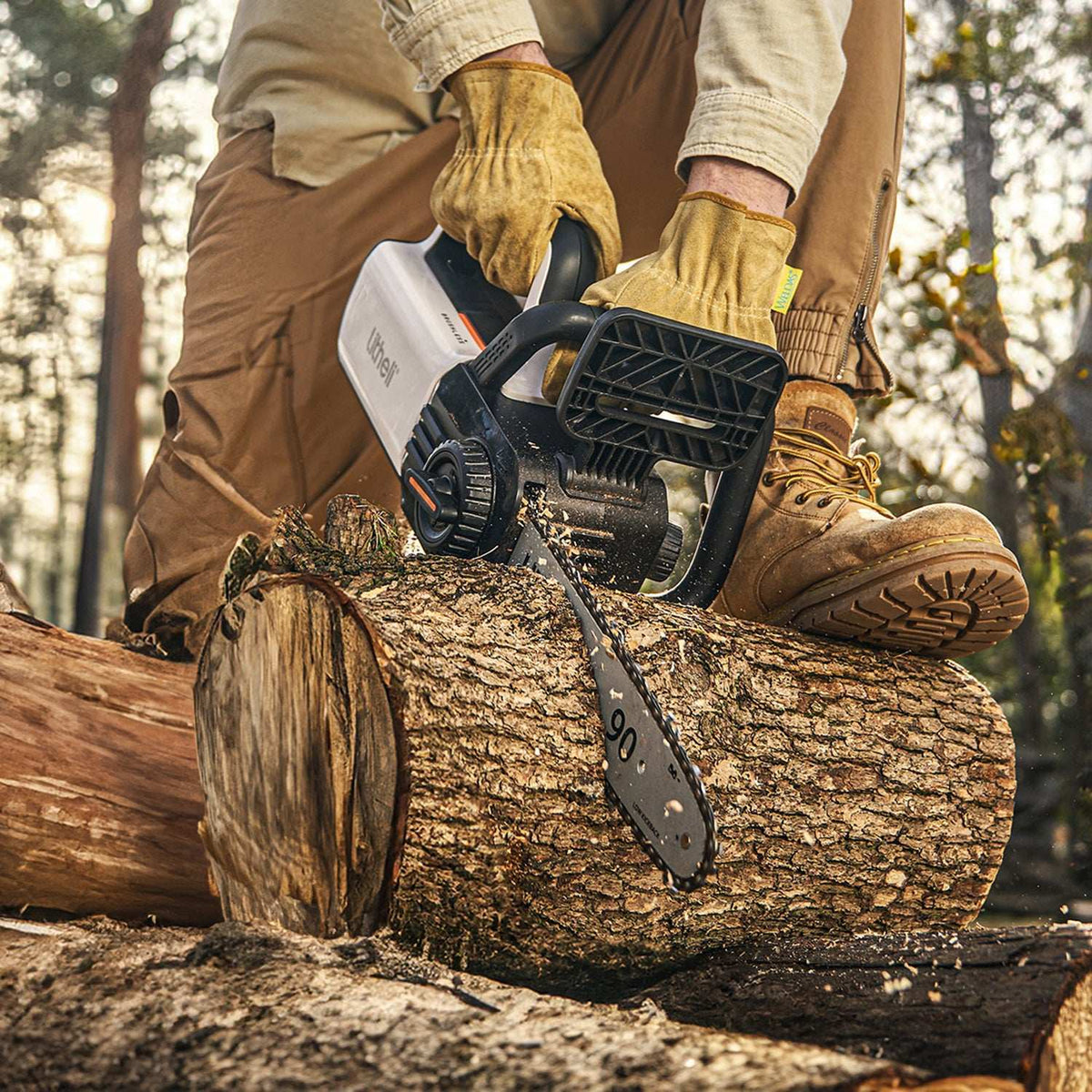 Homeowner using Litheli 40V cordless chainsaw for backyard tree pruning and storm cleanup