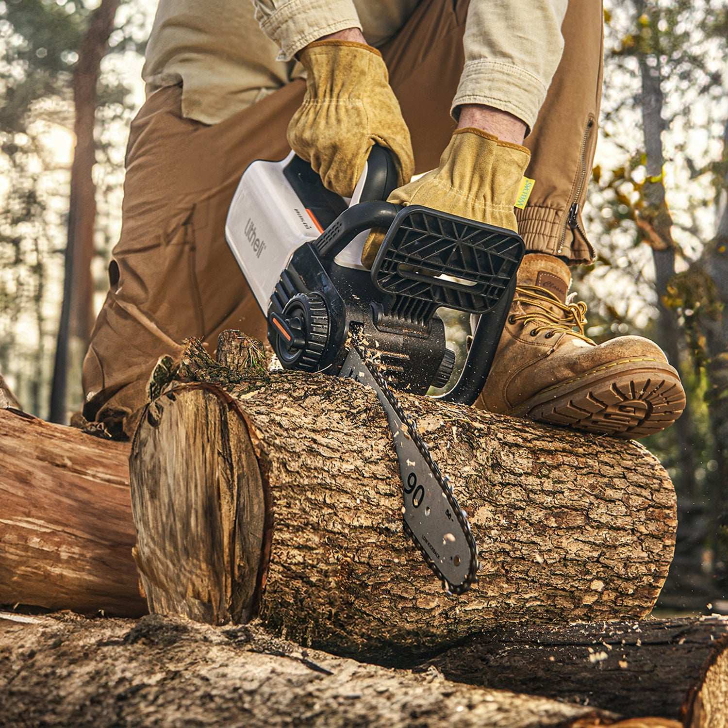 Homeowner using Litheli 40V cordless chainsaw for backyard tree pruning and storm cleanup
