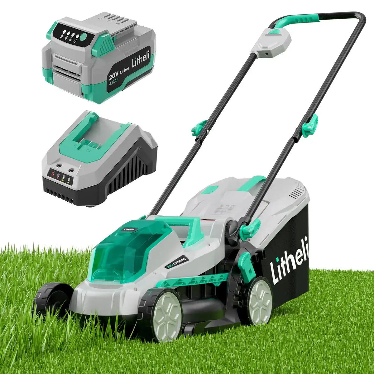 Litheli 20V 13" Cordless Lawn Mower, Electric Lawn Mowers for Garden, Yard and Farm, 5 Heights, with Brushless Motor, 4.0Ah Battery & Charger Included