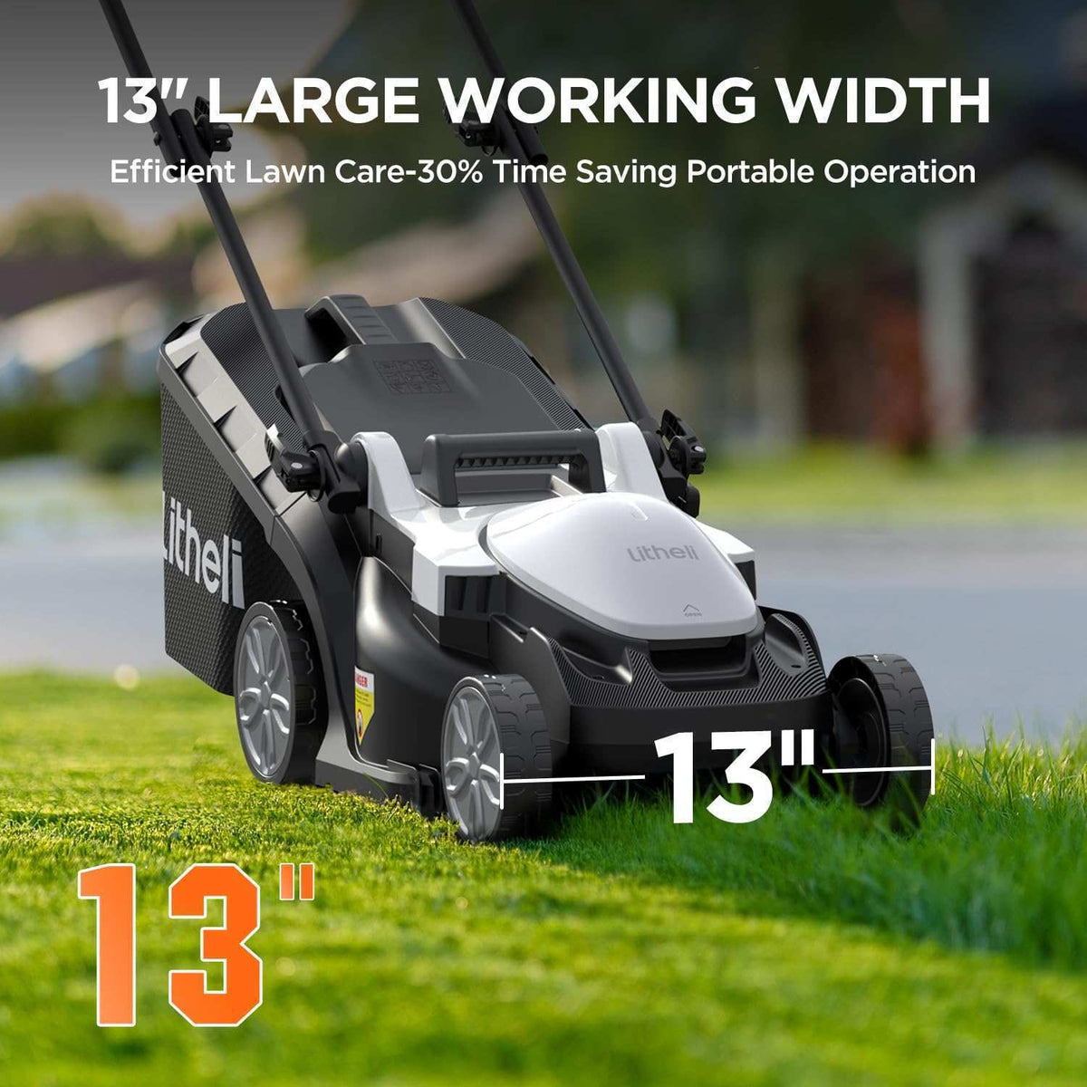 Compact cordless lawn mower with 13-inch cutting width for efficient grass trimming