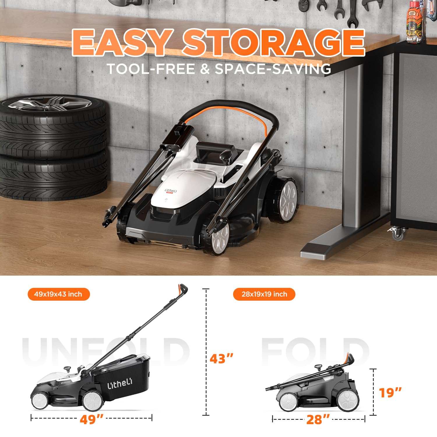 Side view of Litheli cordless lawn mower highlighting lightweight 35.7 lbs design