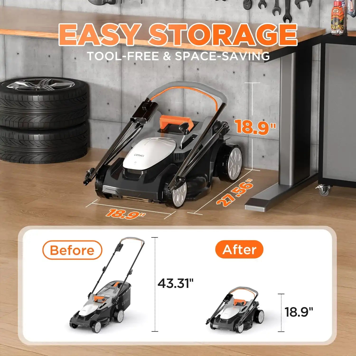 Cordless lawn mower with 6-position height adjustment from 0.98 to 2.95 inches