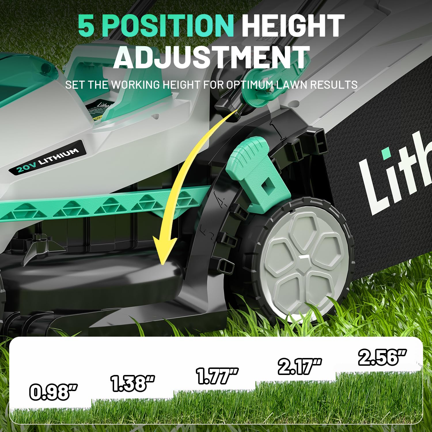 Litheli 20V 13" Cordless Lawn Mower, Electric Lawn Mowers for Garden, Yard and Farm, 5 Heights, with Brushless Motor, 4.0Ah Battery & Charger Included