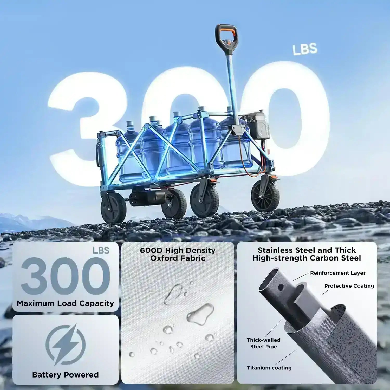 Wide tire design prevents sinking when moving on sandy beach terrain