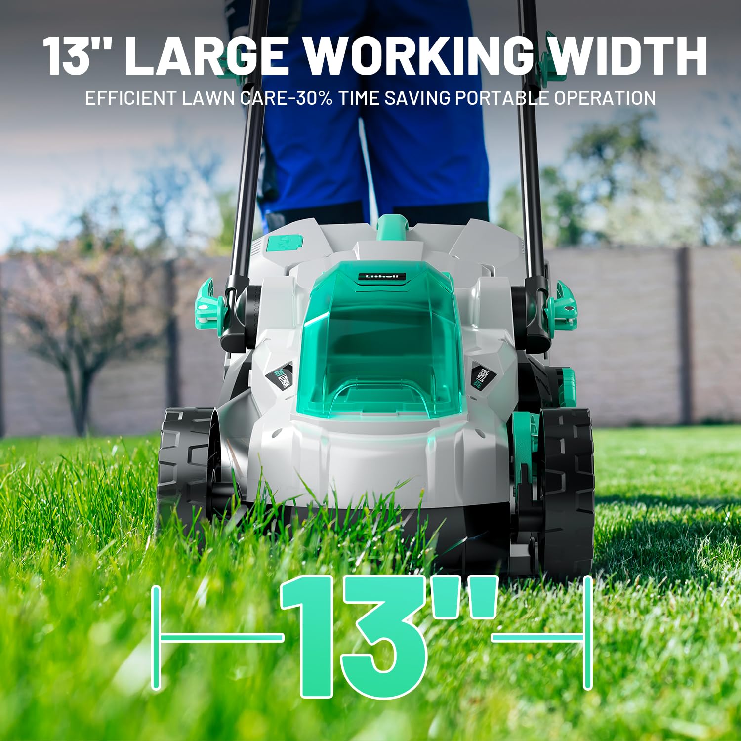 Litheli 20V 13" Cordless Lawn Mower, Electric Lawn Mowers for Garden, Yard and Farm, 5 Heights, with Brushless Motor, 4.0Ah Battery & Charger Included