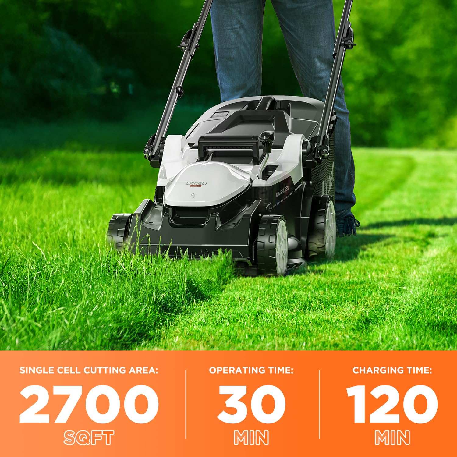 Litheli electric mower in use cutting a 2700 sq. ft. lawn effortlessly